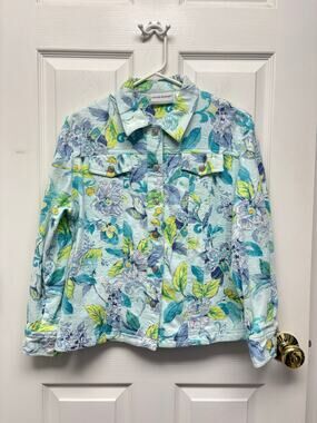 Alfred Dunner Jacket 12P Floral Sequin Embellished Blue Green Cotton Stretch